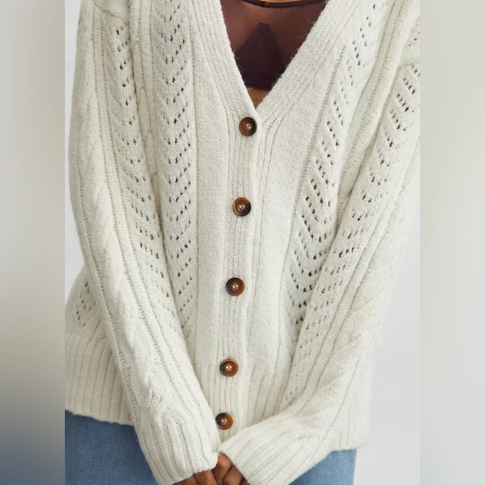 XS Anthropologie Oversized Cream‎ Chunky Classic Pointelle Cardigan